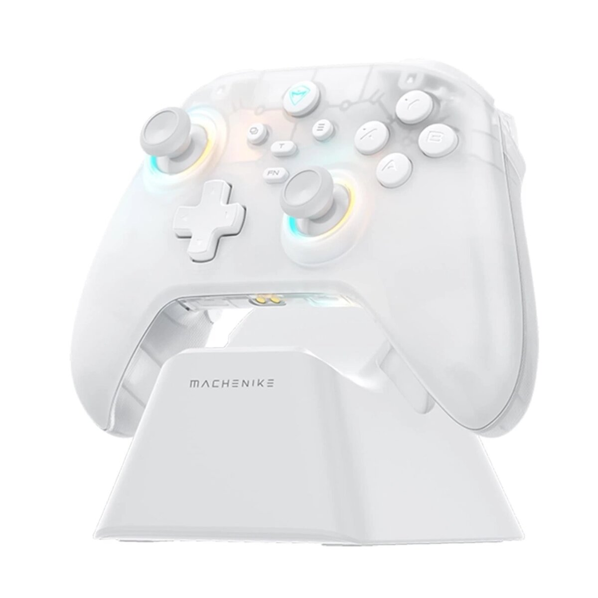 Un controller bianco traslucido con base di ricarica e accenti luminosi.