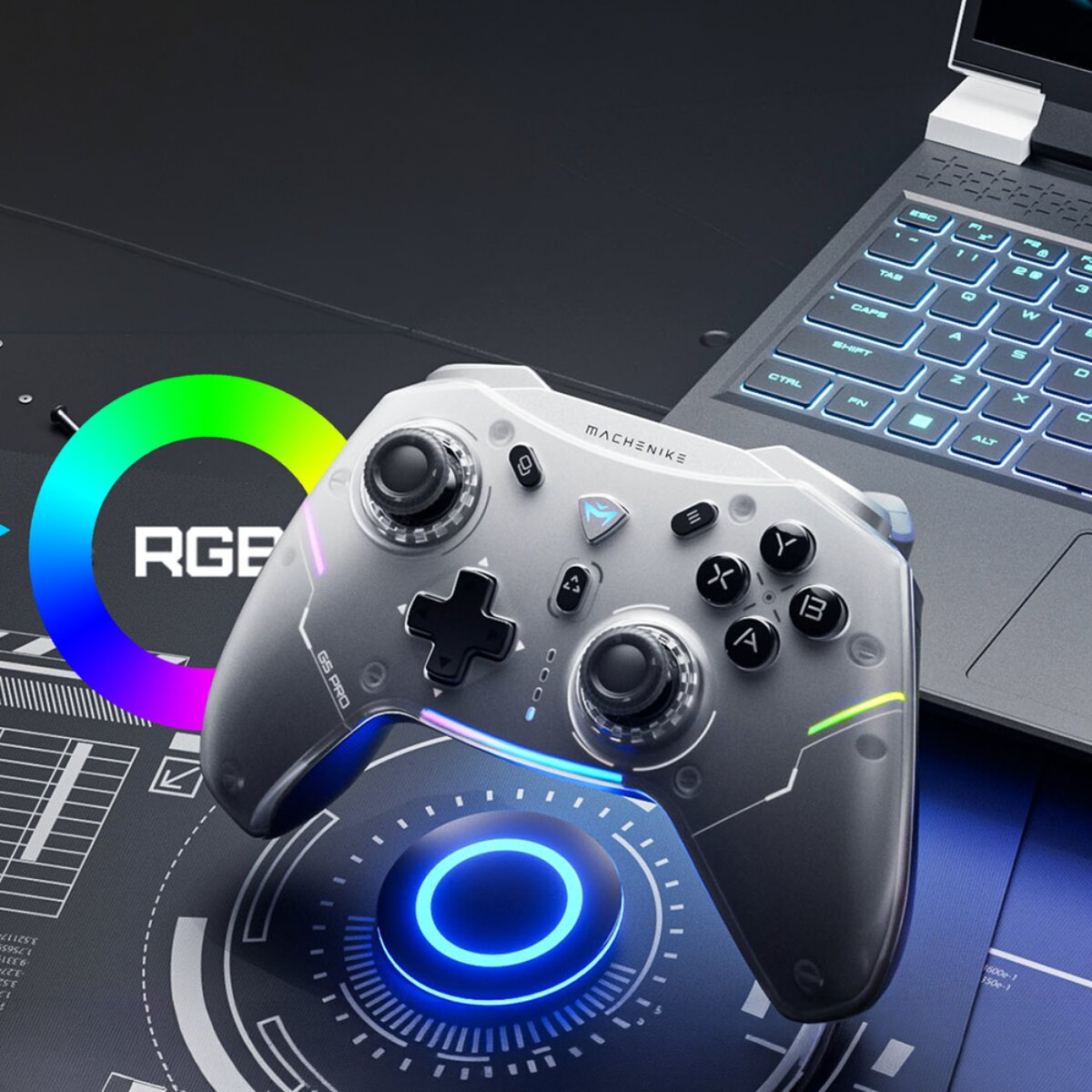 Un controller da gioco bianco è posato su un pad circolare con luce blu, accanto a un laptop.