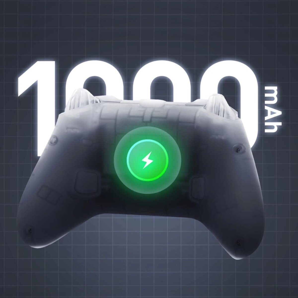 Un controller trasparente con un cerchio di ricarica verde luminoso e testo '1000 mAh'.