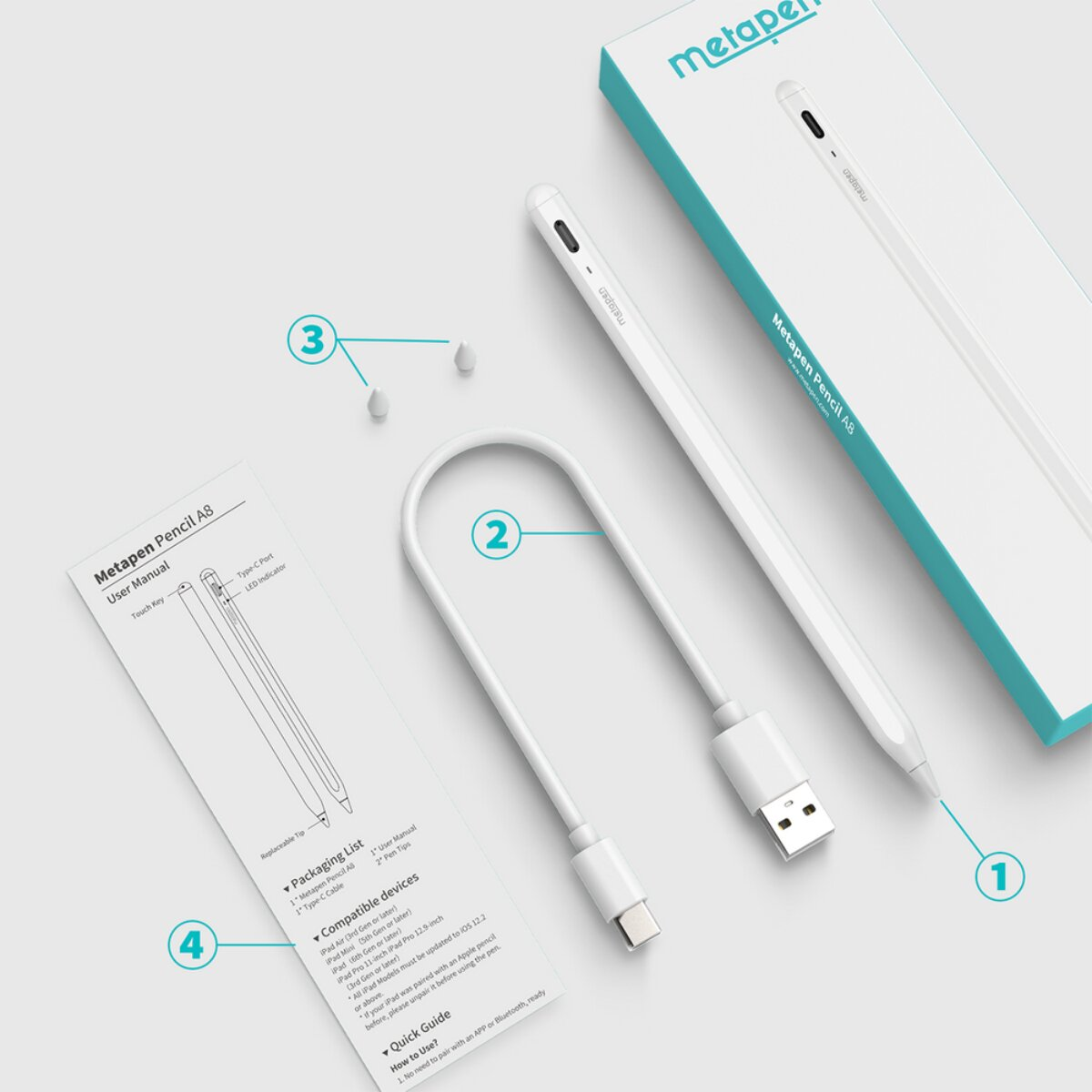 Ein weißer Metapen A8 Stift mit Ladekabel, Ersatzspitzen und Handbuch.
