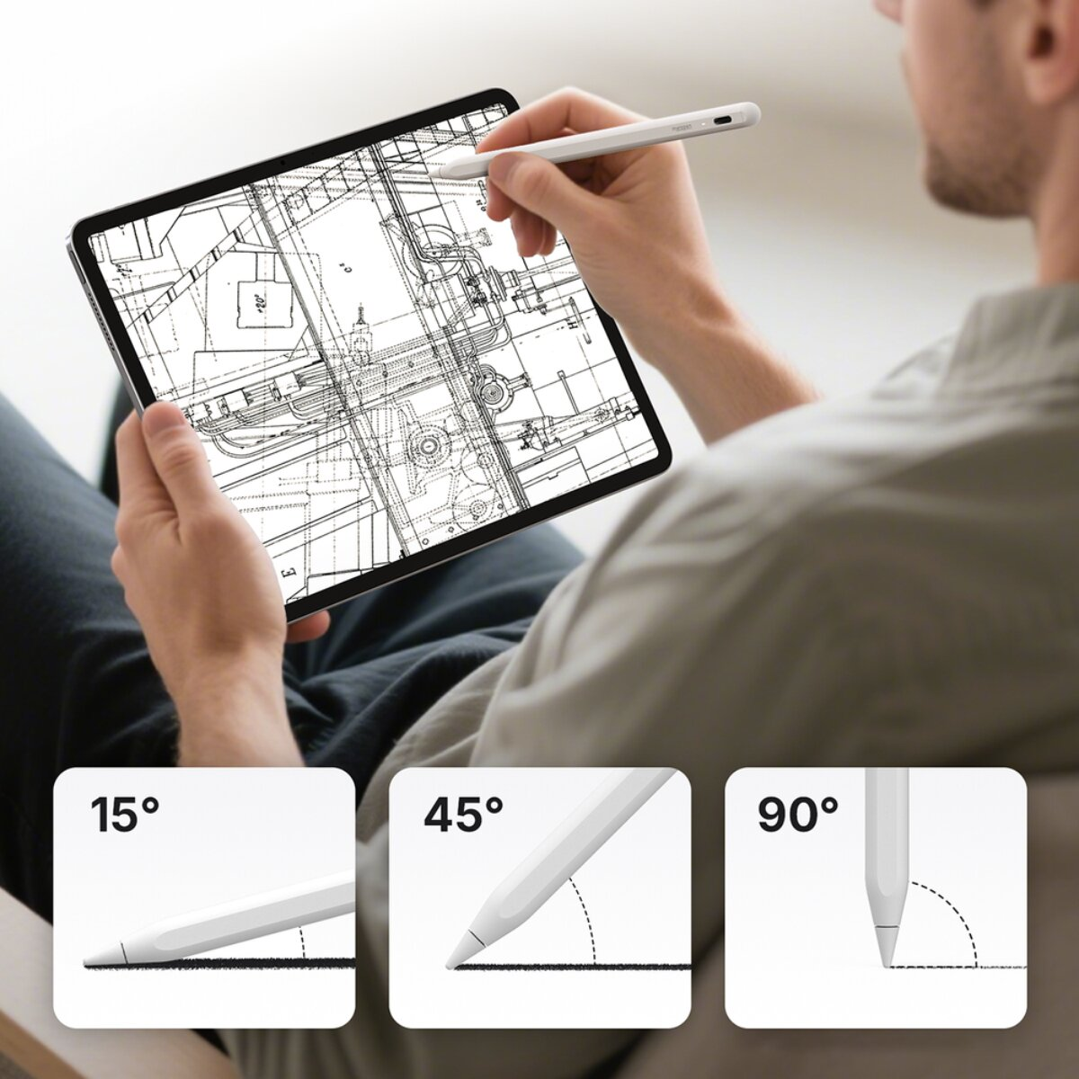 Mann hält Tablet mit Bauplan; Stift zeigt verschiedene Winkel: 15°, 45°, 90°.