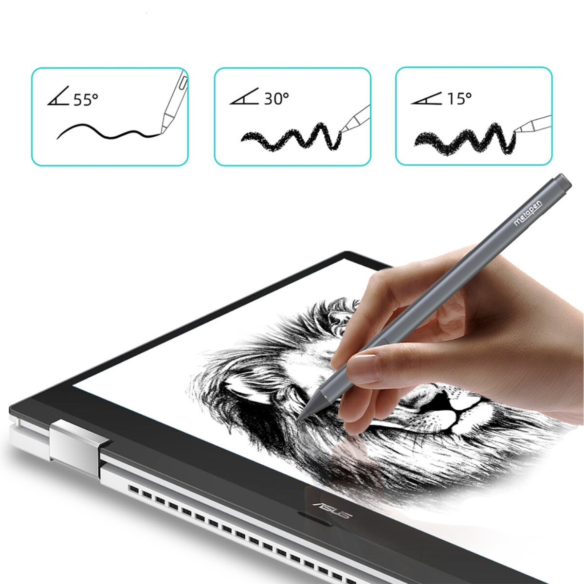 Ein Stift zeichnet einen Löwen auf einem Tablet, mit Winkelanzeigen.