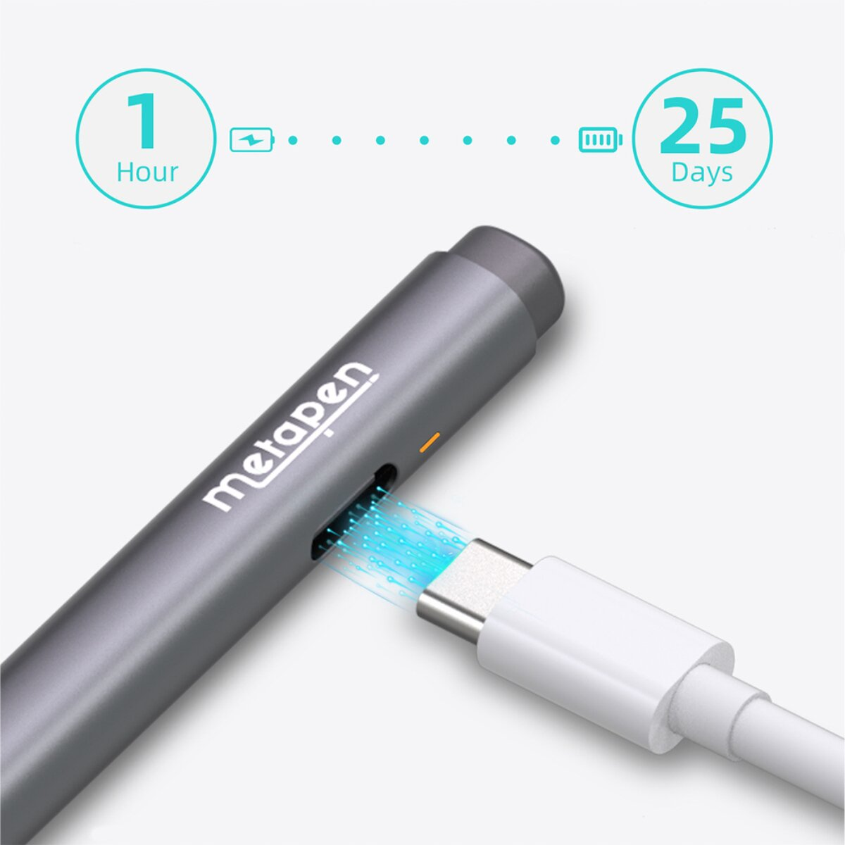 Grauer Metapen-Stift lädt per USB-C, 1 Stunde Ladezeit für 25 Tage Nutzung.
