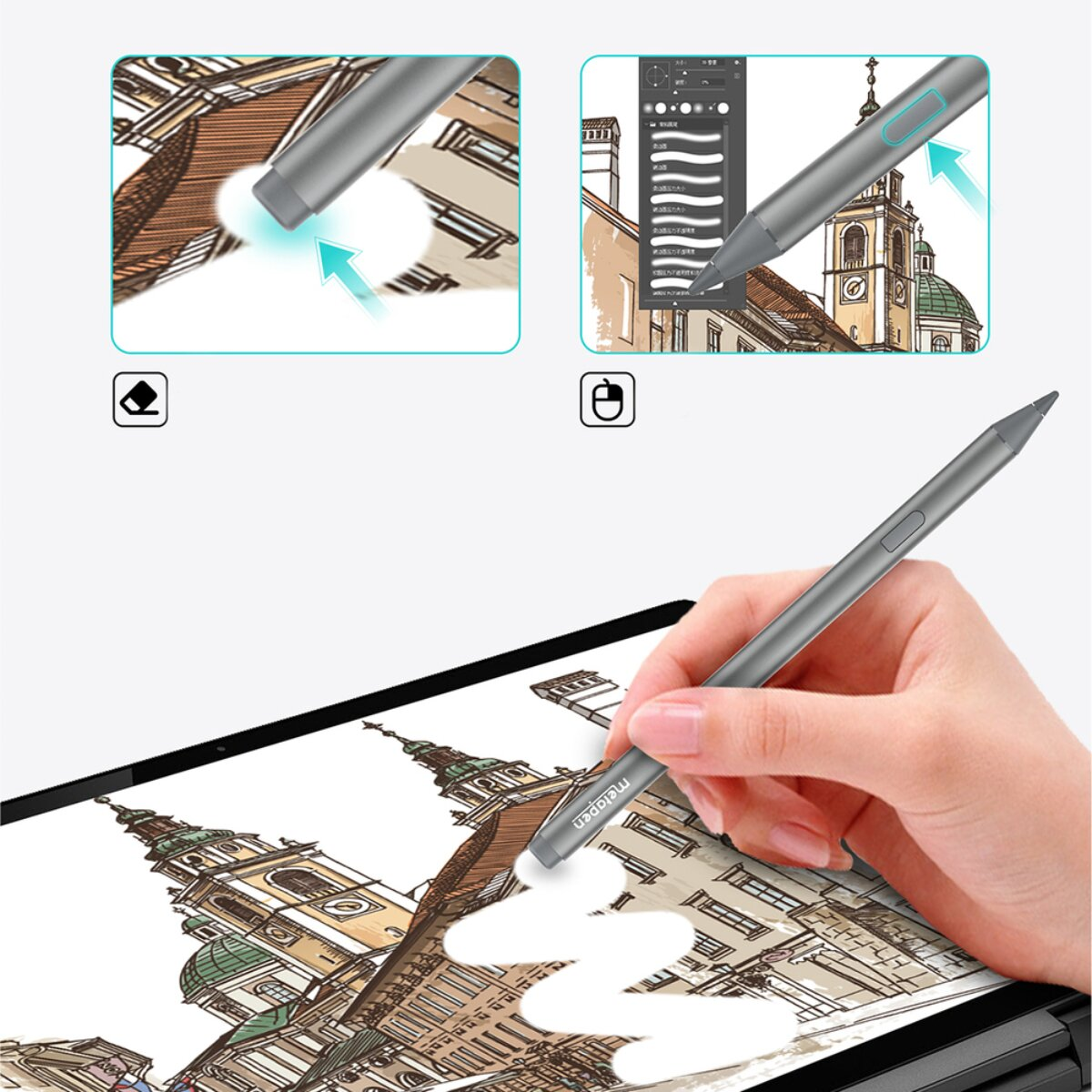 Eine Hand benutzt einen grauen Stift, um eine Stadtlandschaft auf einem Tablet zu zeichnen.