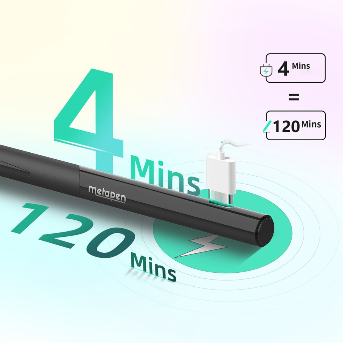 Una penna nera mostrata con 4 minuti di carica per 120 minuti di utilizzo.