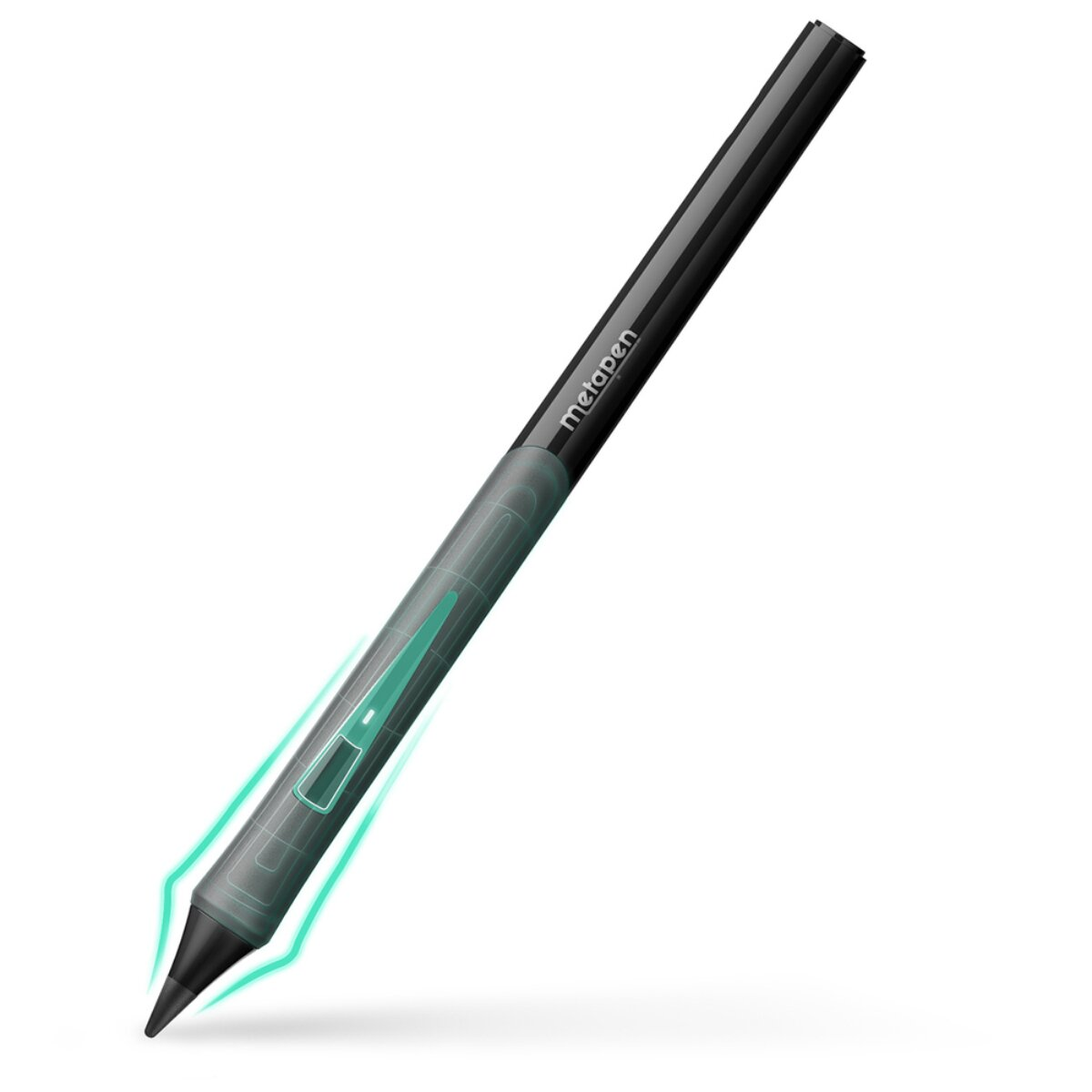 Una penna digitale nera con accenti luminosi verde acqua e il marchio "metapen".