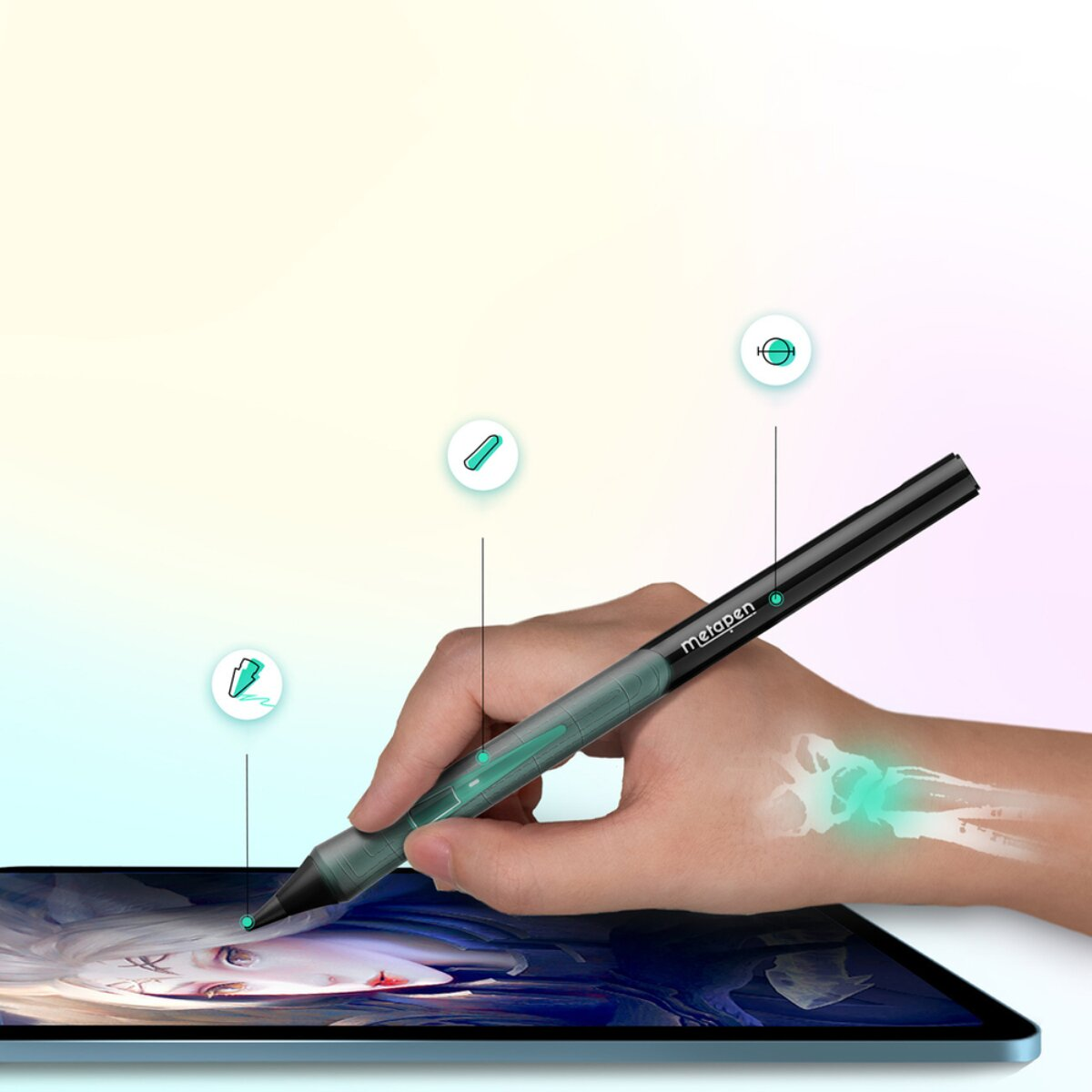 Una mano usa una penna su un tablet, con icone.