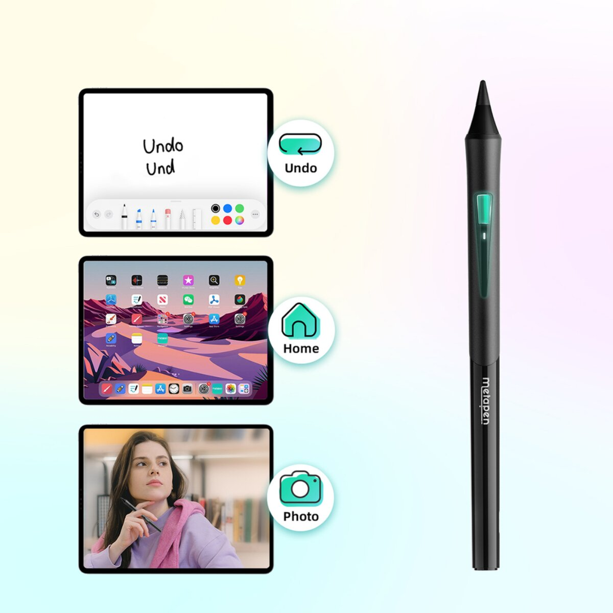 Penna stilo accanto a tre schermi tablet con app: Annulla, Home e Foto.