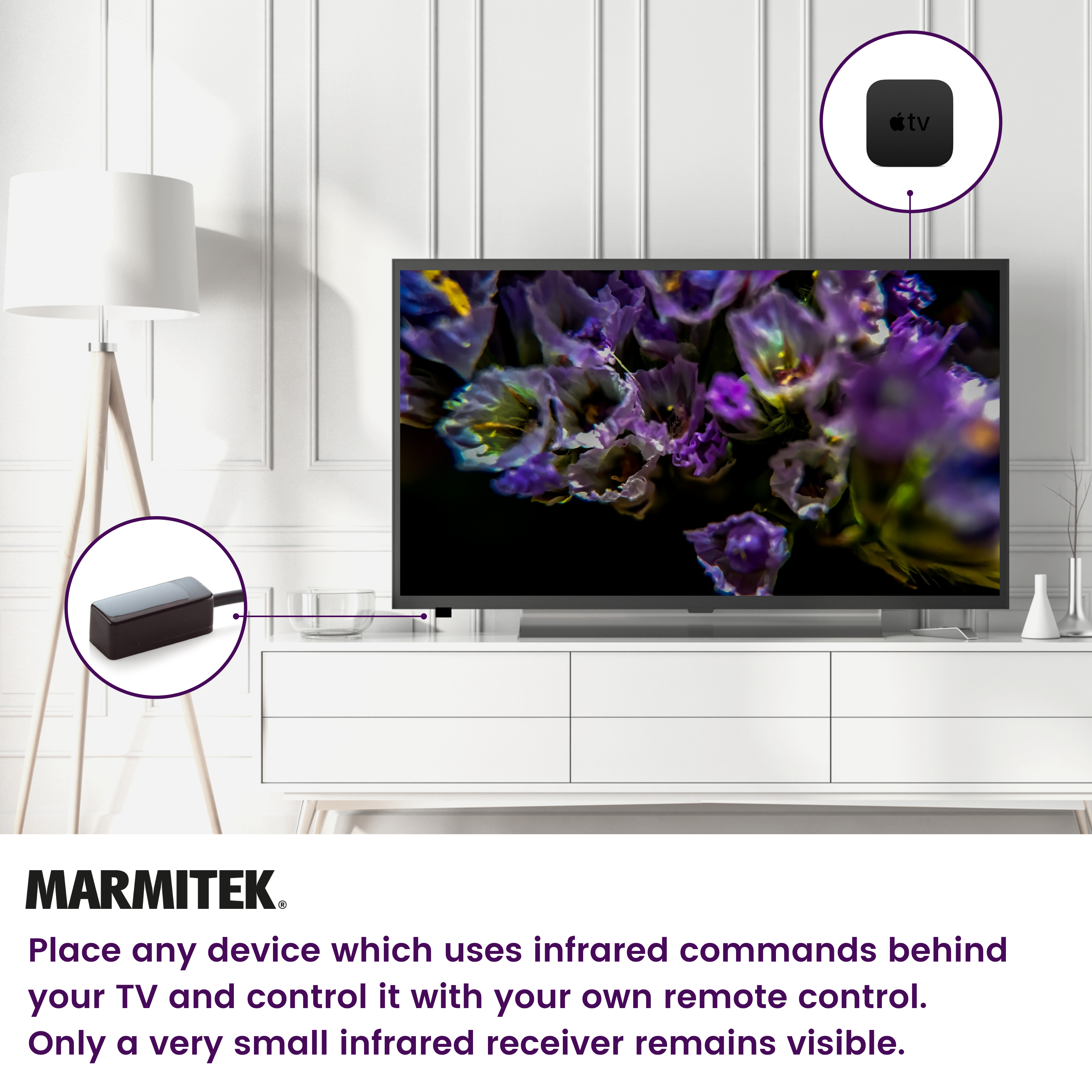 Ein TV mit Apple TV und einem IR-Empfänger, der hinter dem TV versteckt ist.