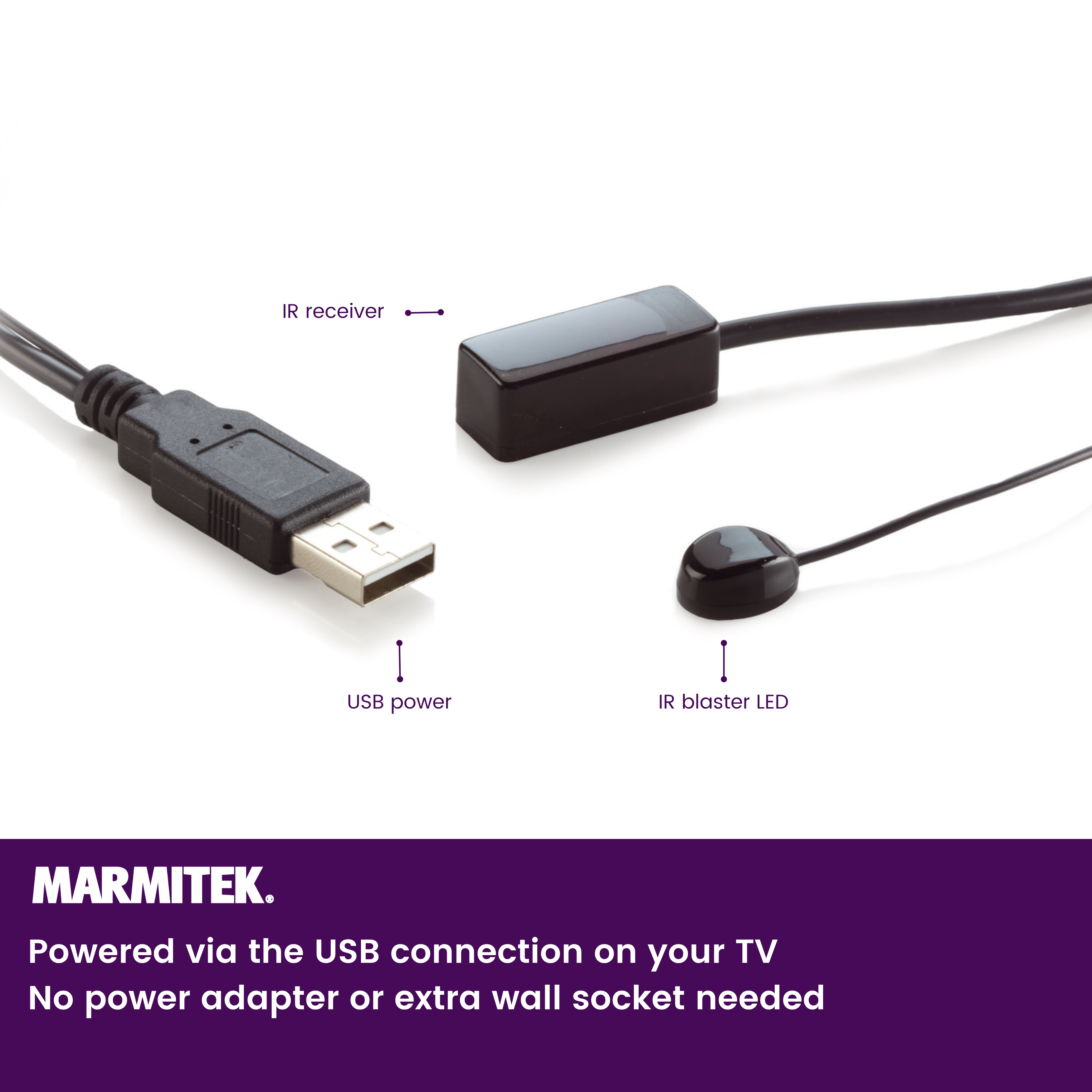 USB-Stromkabel, IR-Empfänger und IR-Sender-LED von Marmitek.