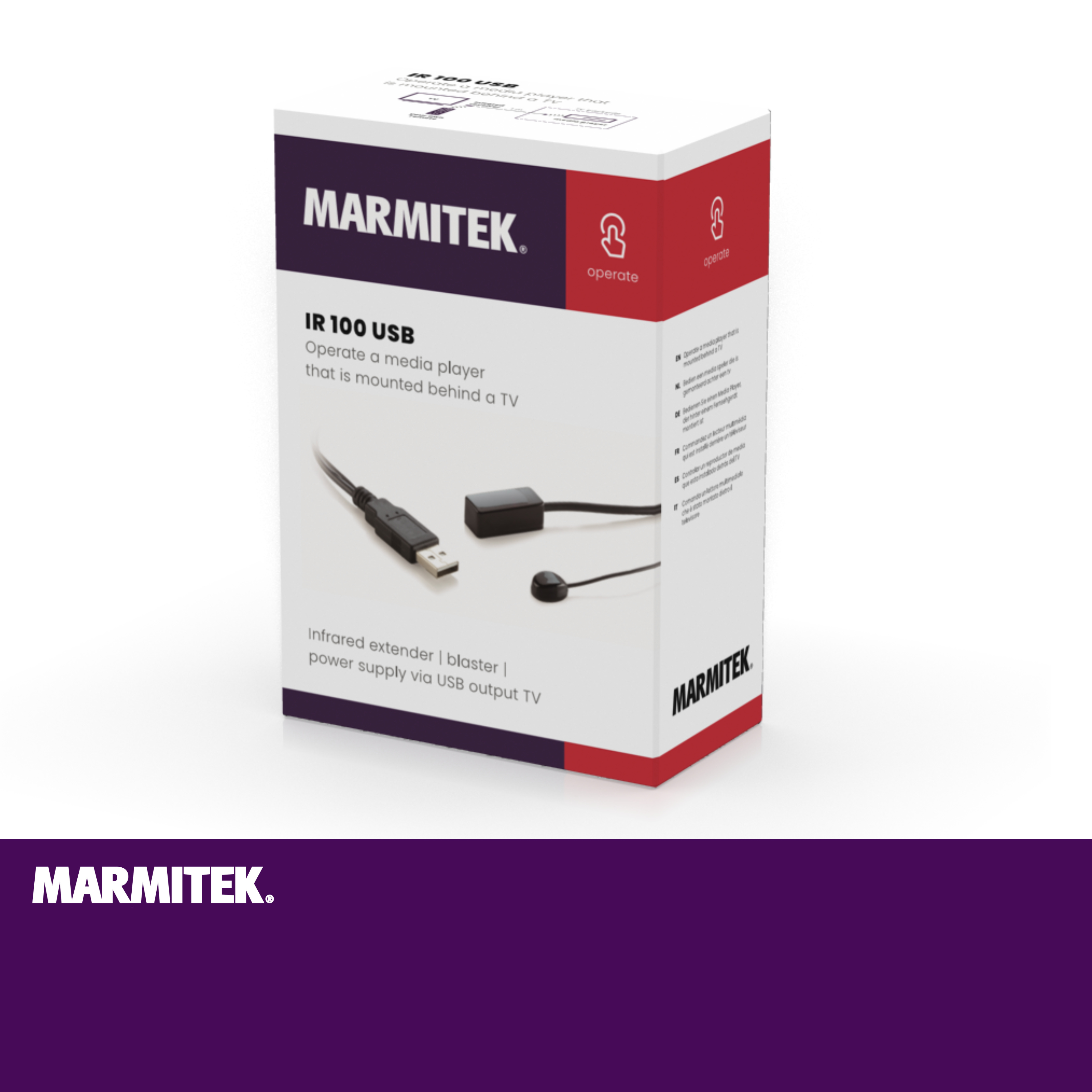 Marmitek IR 100 USB-Verpackung mit Infrarot-Extender und USB-Kabel.