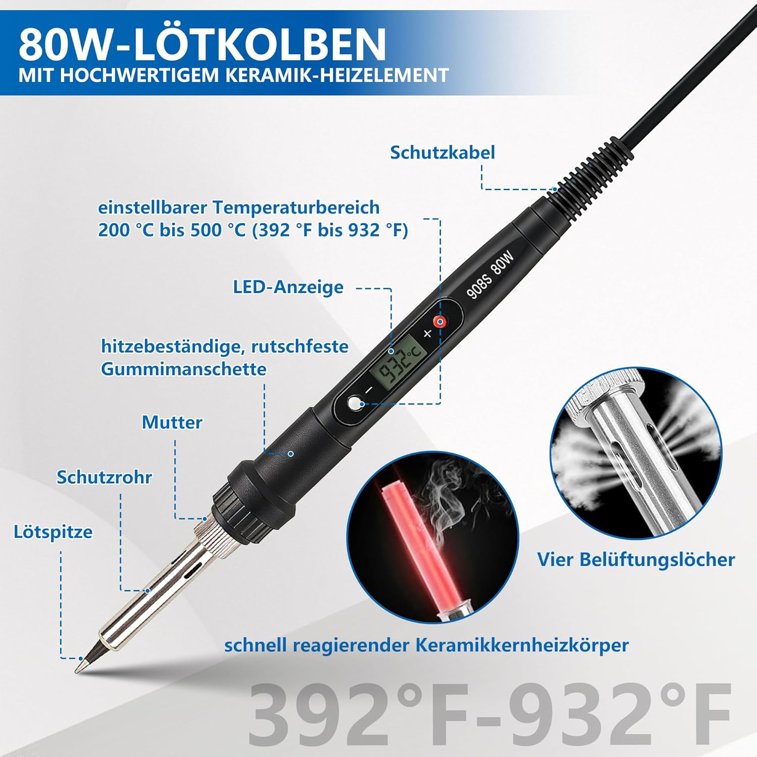 Ein 80W Lötkolben mit Keramikelement, LED-Anzeige, verstellbarem Temperaturbereich.