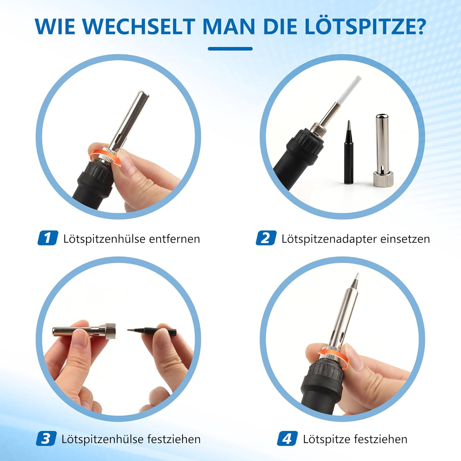 Schritt-für-Schritt-Anleitung zum Wechseln einer Lötspitze mit Werkzeugen.