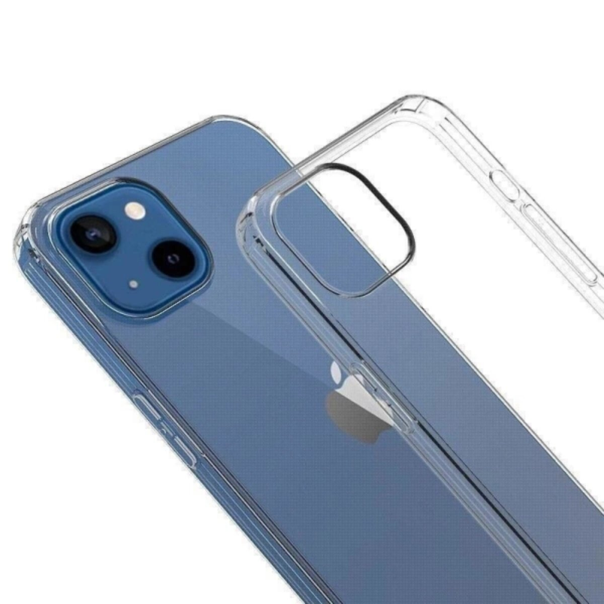 Ein blauer iPhone-Rücken mit einer durchsichtigen Hülle, die daneben liegt.