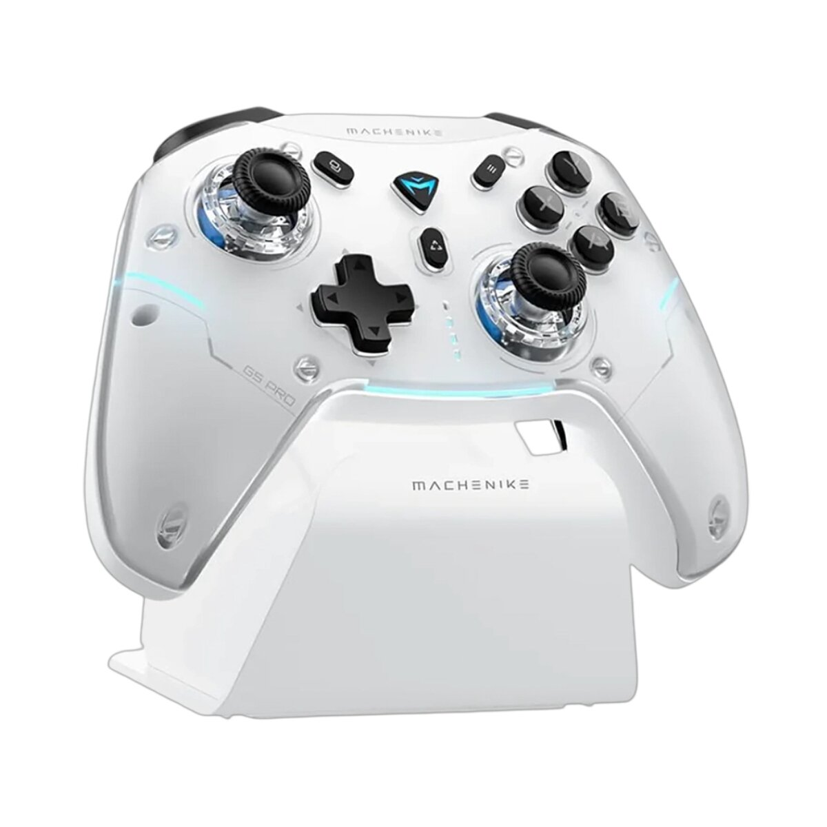Un controller da gioco bianco con pulsanti neri poggia su una base di ricarica bianca.