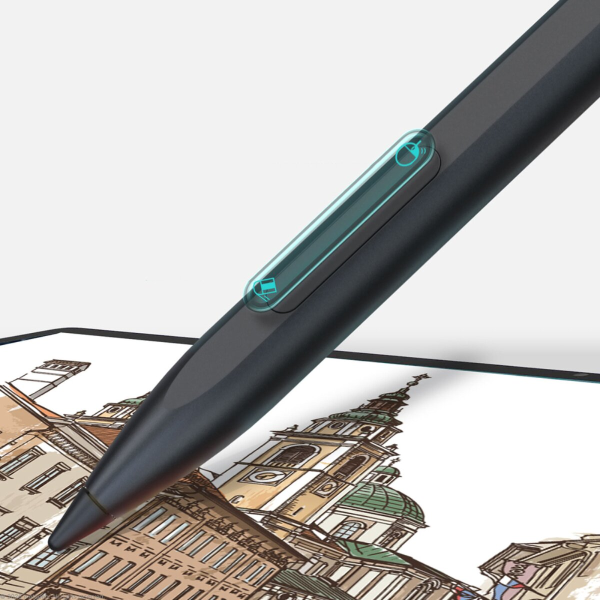 Ein schwarzer Stift mit blauem Licht über einer Zeichnung von Gebäuden.