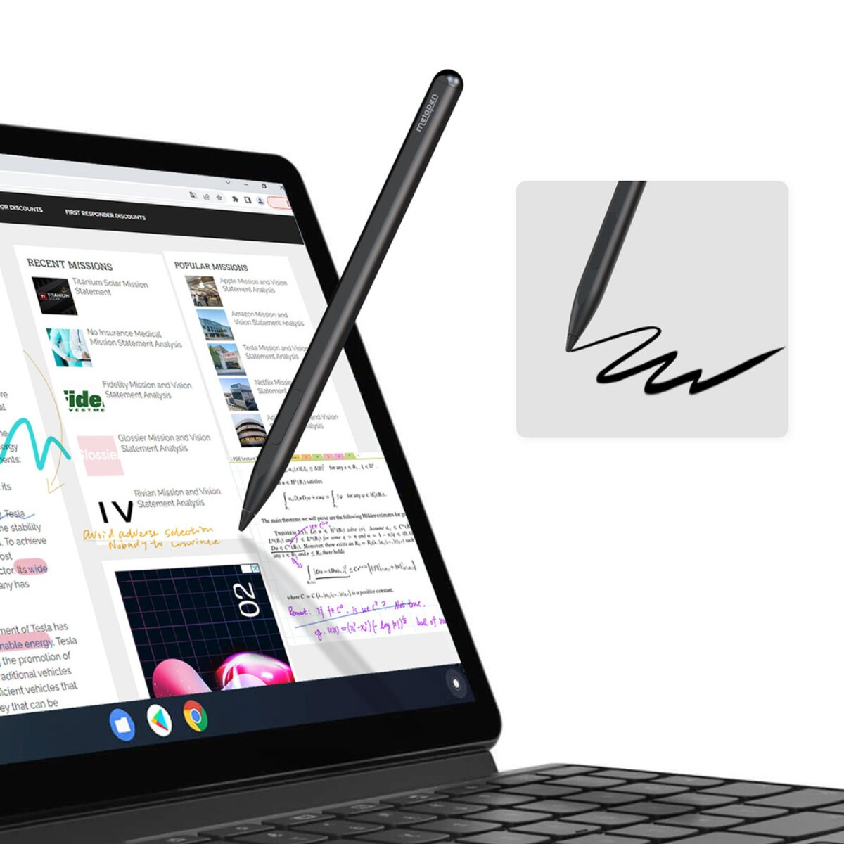 Ein Laptop mit einem Stift, der auf dem Bildschirm liegt. Die Ansicht zeigt eine Liste von Missionen.