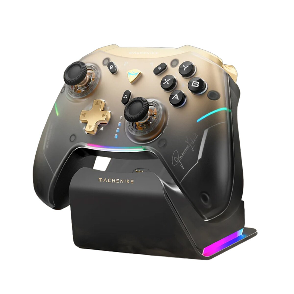 Un controller da gioco dorato trasparente con illuminazione RGB su una base di ricarica nera.