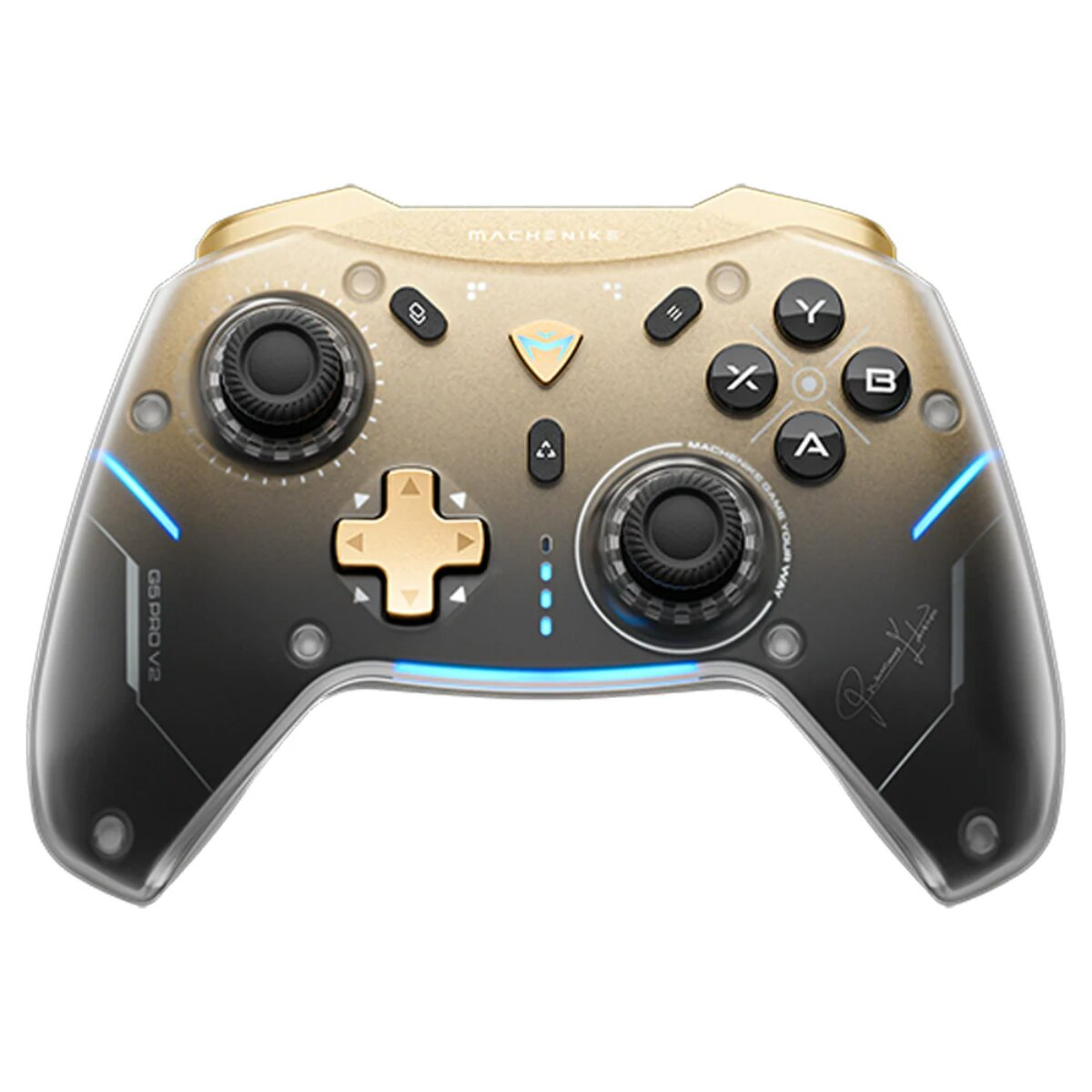 Un controller da gioco oro e nero con luci blu e pulsanti argentati.