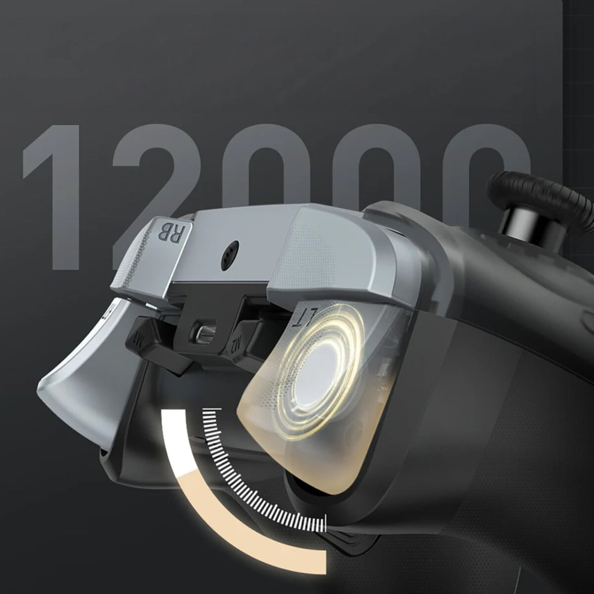 Controller di gioco grigio con luci e display 12000.