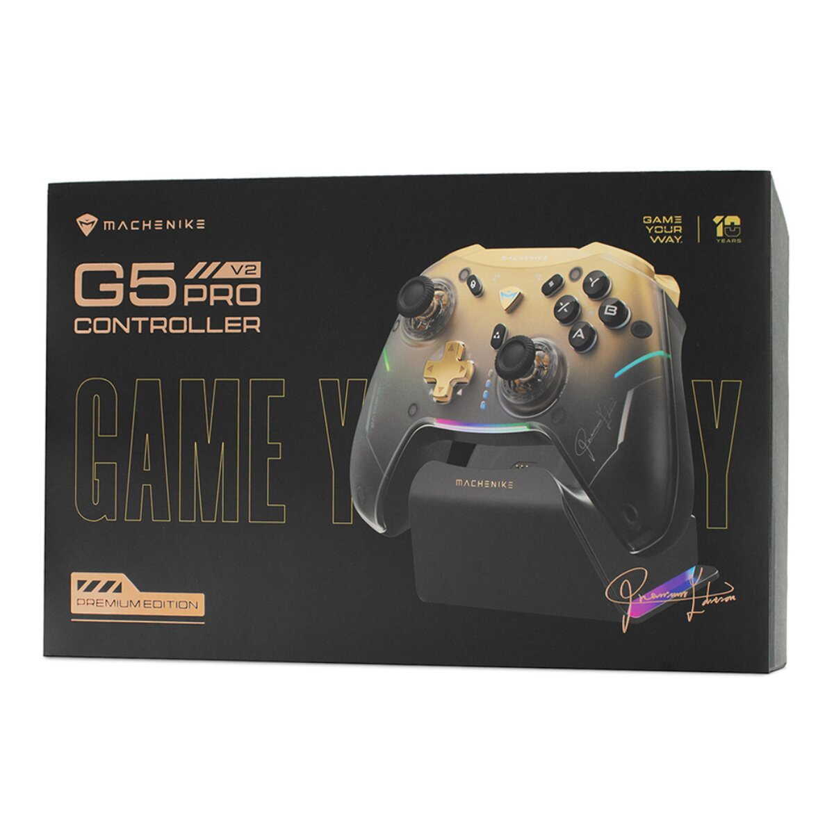 Confezione di un controller Machenike G5 Pro nero e oro, con raffigurazione del controller.