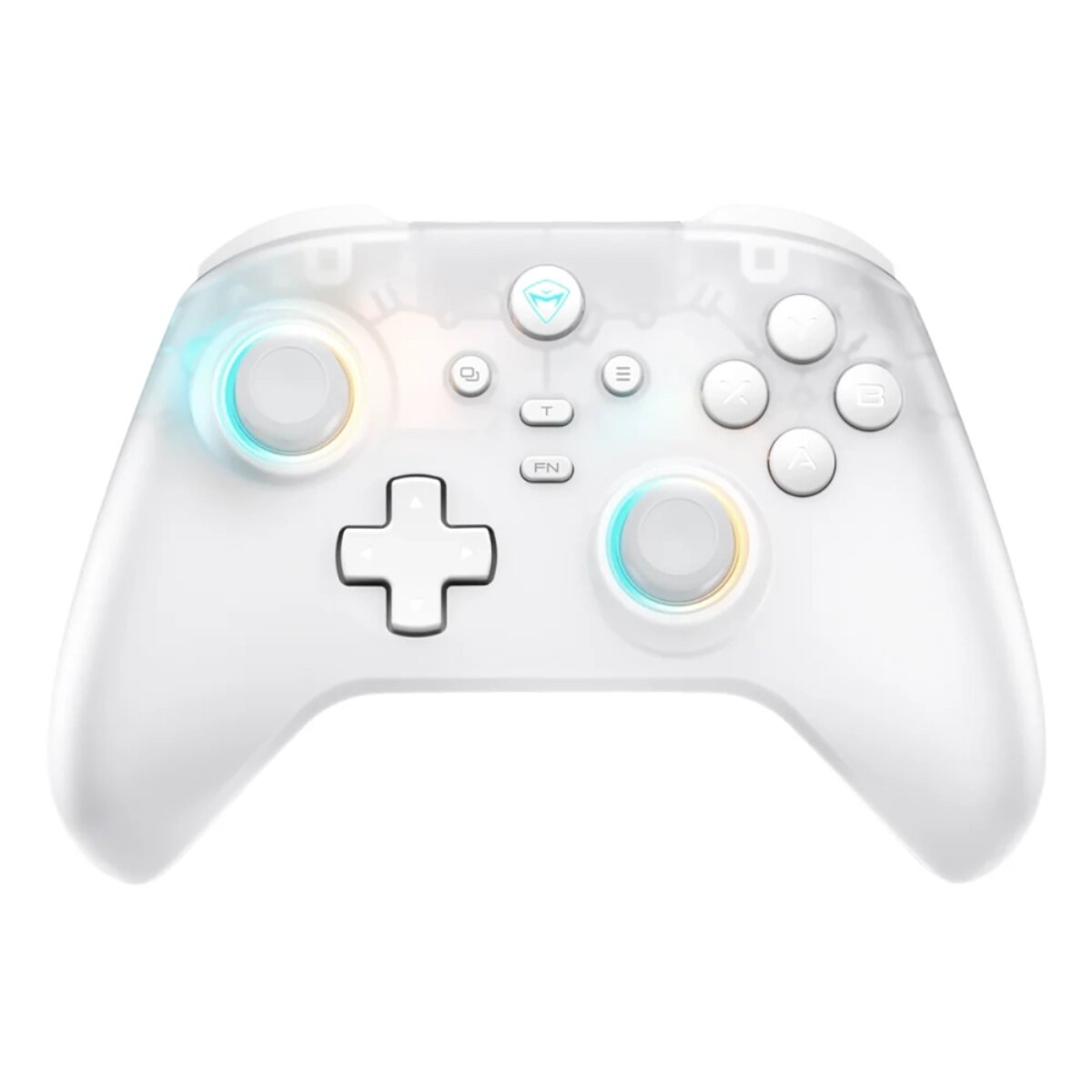 Un controller bianco trasparente con luci blu-gialle attorno ai joystick.