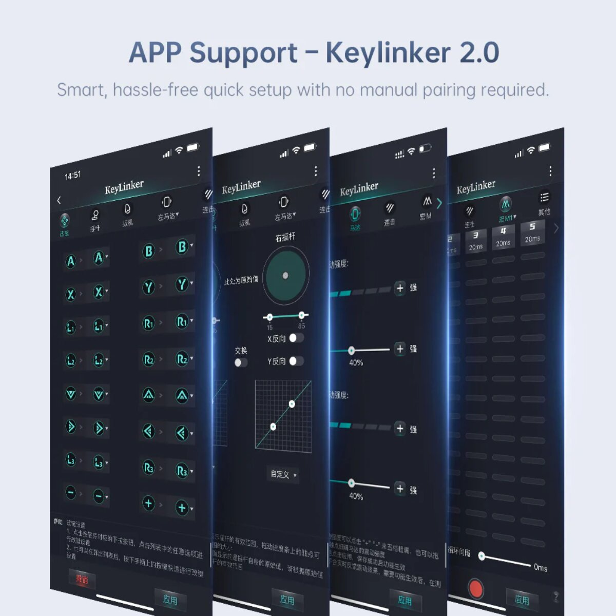 Supporto App - Keylinker 2.0 mostra schermate di configurazione controller.