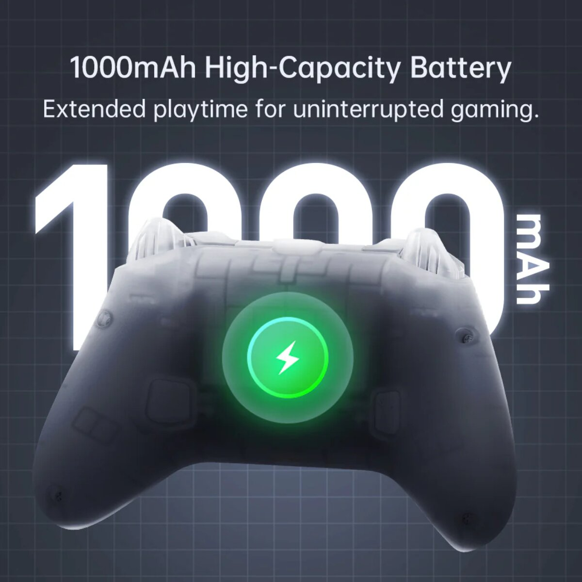 Controller trasparente con batteria da 1000mAh e icona fulmine verde.