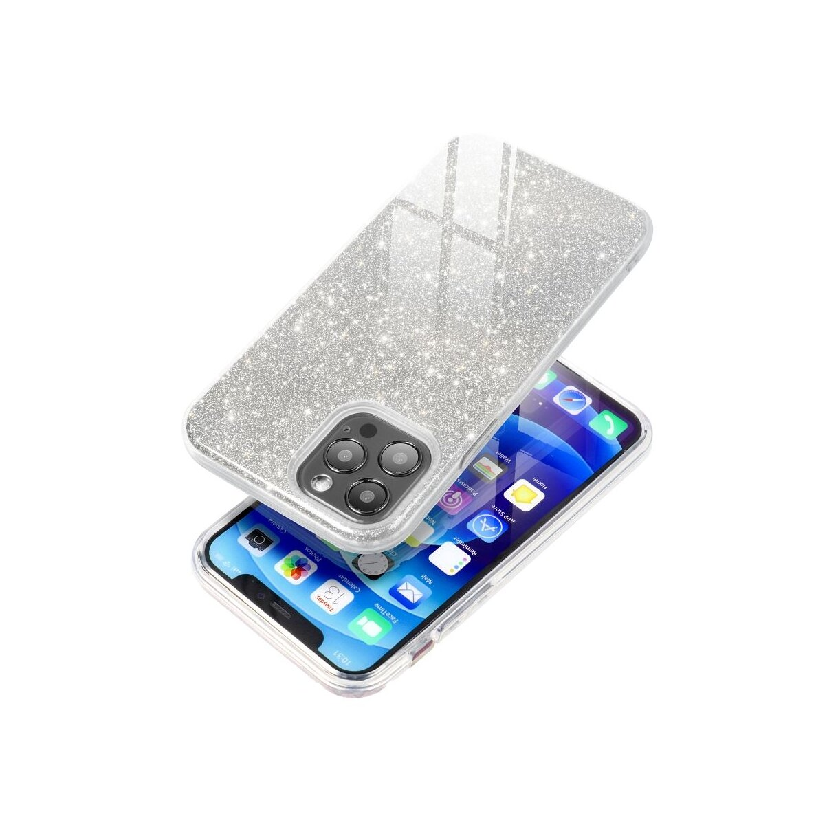 Ein glitzernder silberner Handyhülle liegt über einem Smartphone.