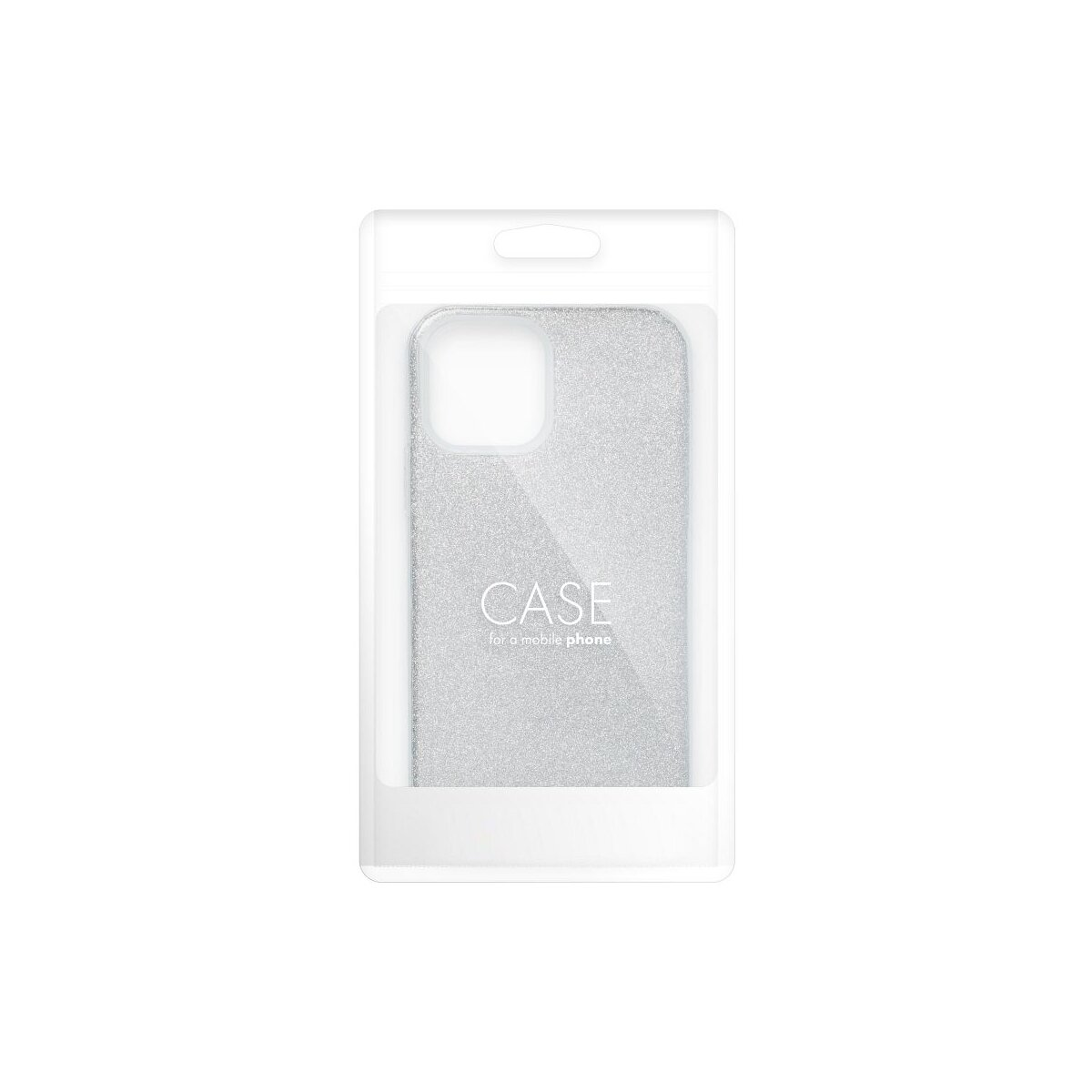 Silberne Handyhülle mit Glitzer in transparenter Verpackung.