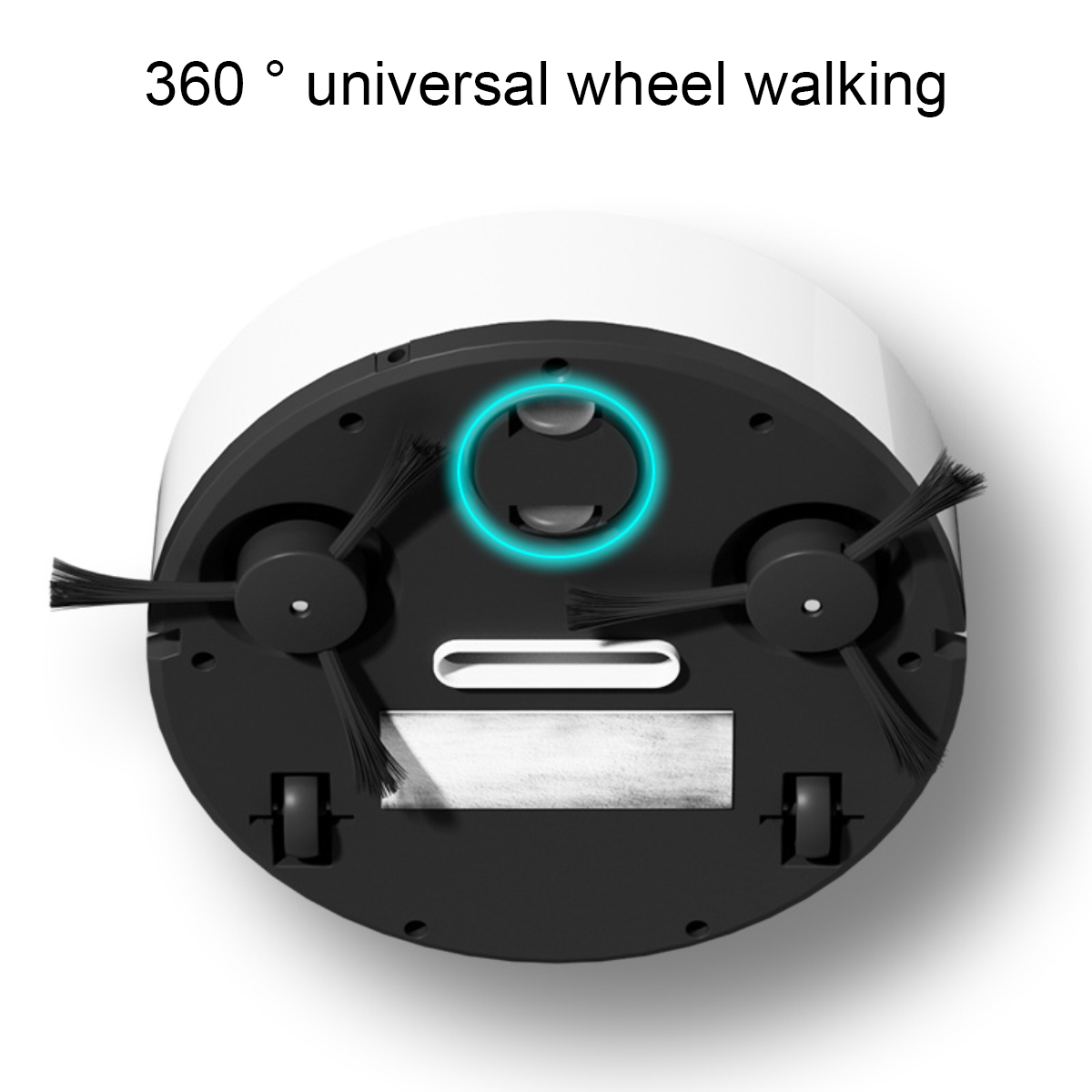 Unterseite eines Saugroboters mit Bürsten, Rädern und einem Sensor.