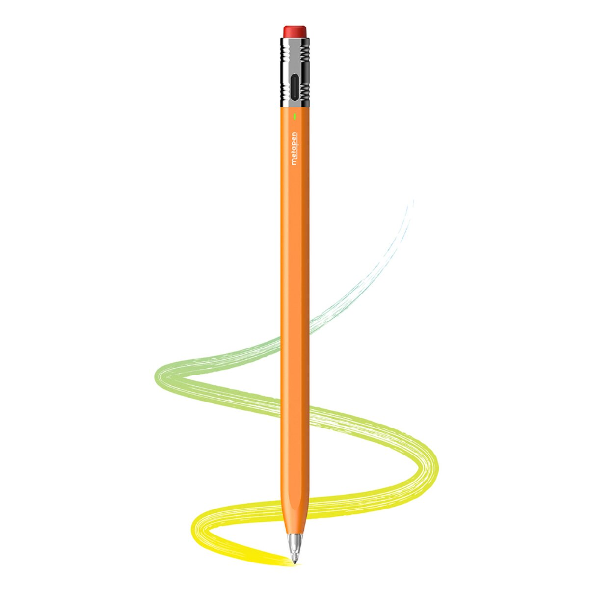 Orangefarbener Stift mit roter Kappe und silbernen Akzenten, umgeben von grünen und gelben Pinselstrichen.