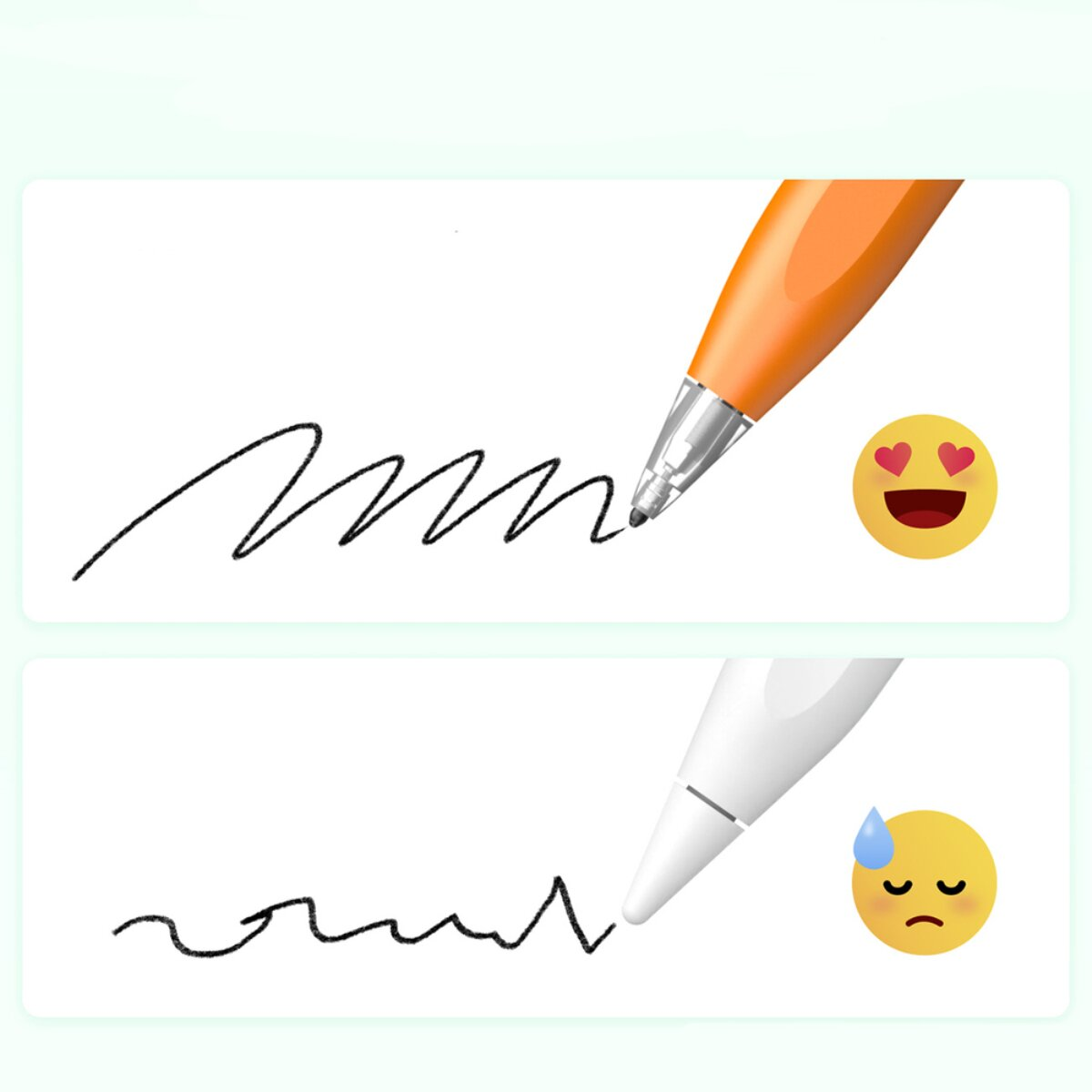 Orange Stift schreibt linien, daneben lächelndes Emoji. Weißer Stift schreibt linien, daneben trauriges Emoji.