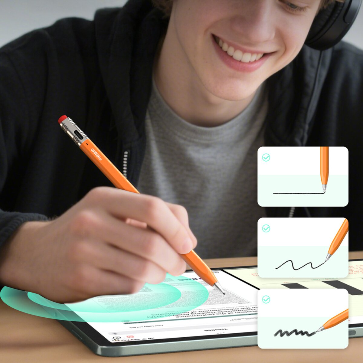 Ein lächelnder Mensch benutzt einen orangefarbenen Stift auf einem Tablet, mit eingefügten Grafiken, die die Stiftnutzung zeigen.