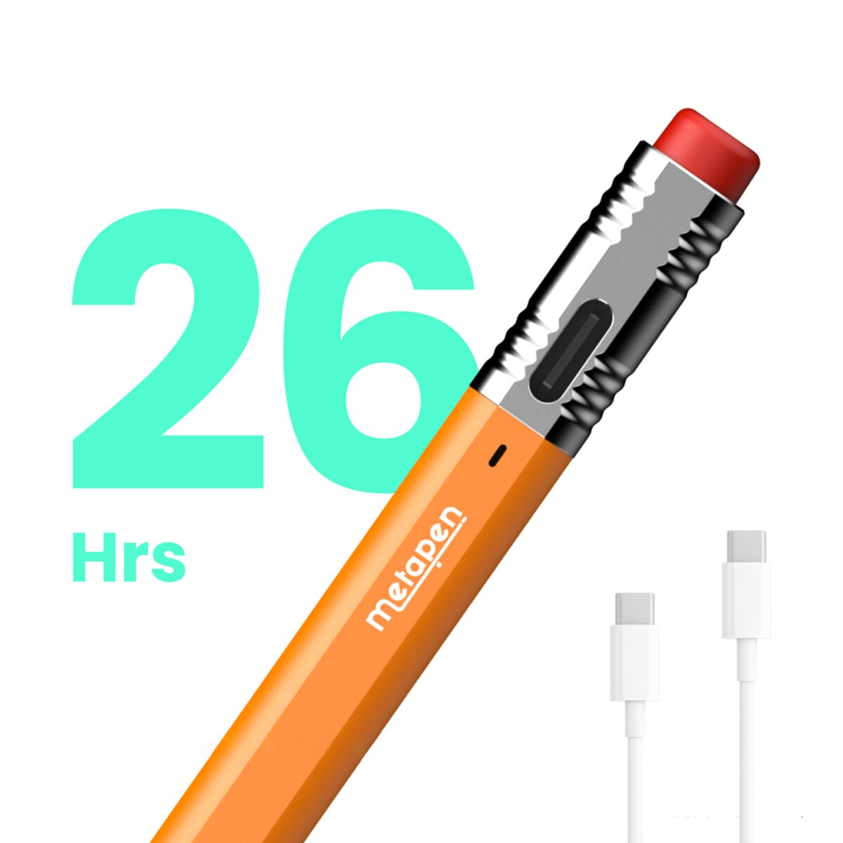 Orangefarbener Metapen-Stift mit roter Radiergummi-Spitze, 26 Stunden Text, zwei USB-C-Kabel.