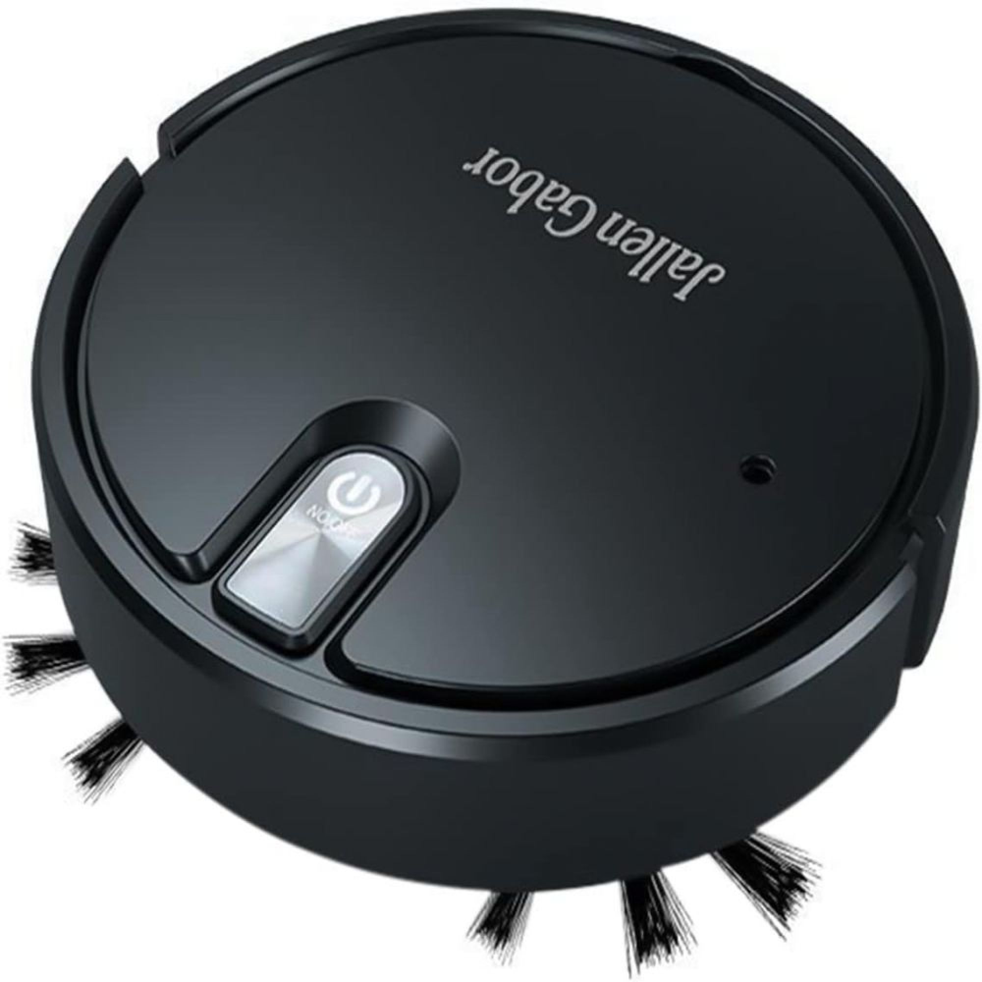 Ein runder schwarzer Saugroboter mit seitlichen Bürsten und einem Power-Button.