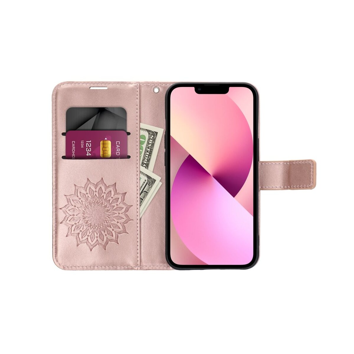 Ein rosa Handyhülle mit Mandala-Prägung, Kartenfächern, Geldscheinen und einem Smartphone.