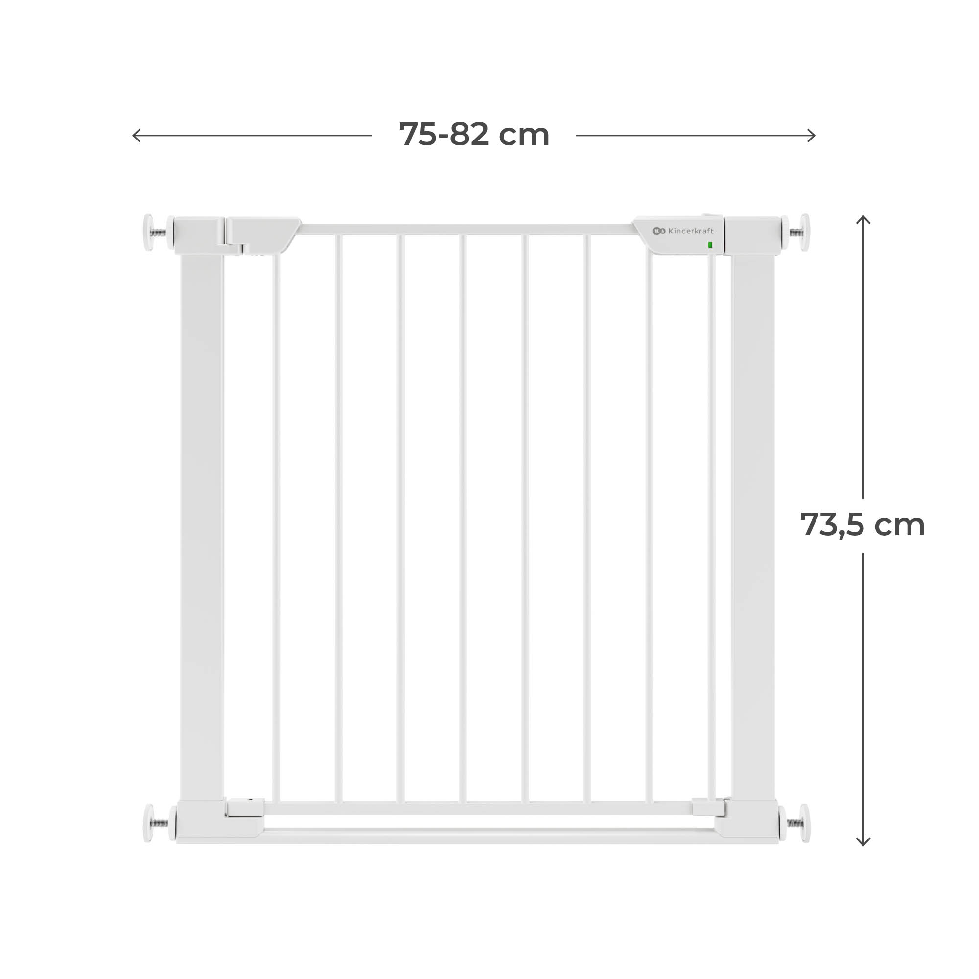 Ein weißes, freistehendes Babygitter mit Maßen von 75-82 cm Breite und 73,5 cm Höhe.