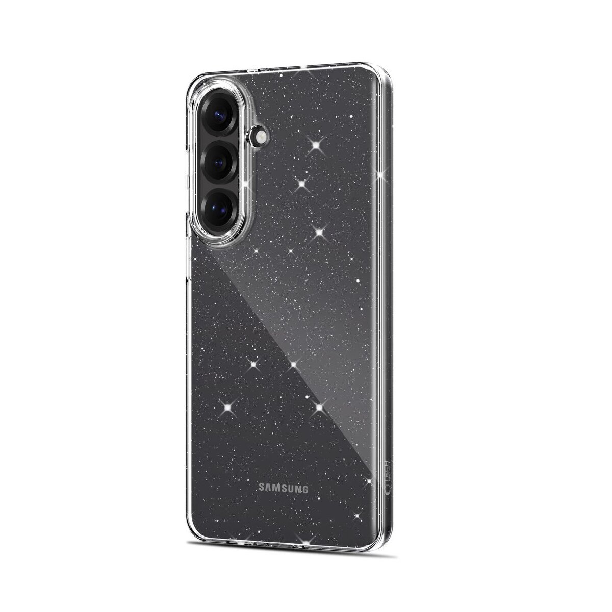 Klare Handyhülle mit sternenklarem, glitzerndem Design auf schwarzem Hintergrund.