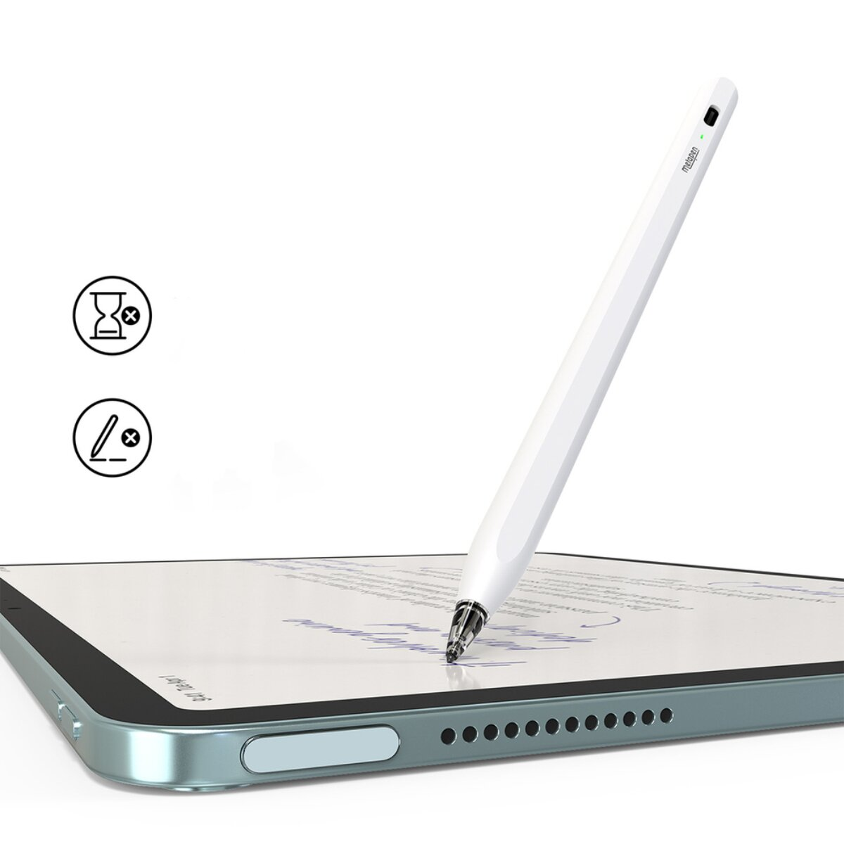 Ein weißer Stift auf einem Tablet, das auf einem Schreibtisch liegt.