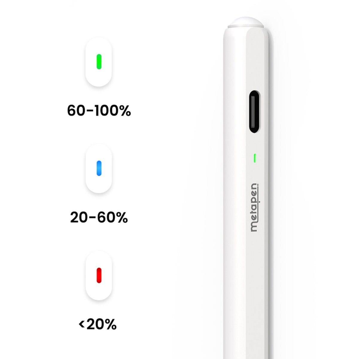 Weißer Stift mit Batterieanzeige: grün (60-100%), blau (20-60%), rot (<lt/>20%).