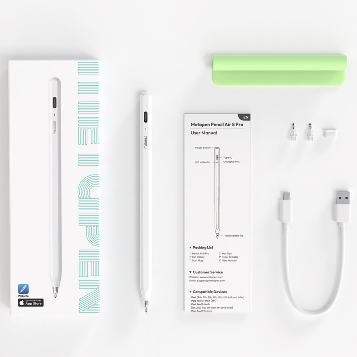 Metapen Pencil Air 8 Pro mit Zubehör und Anleitung auf weißem Hintergrund.