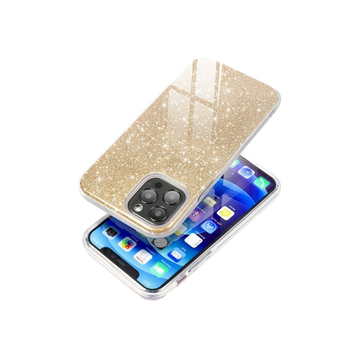 Goldener Glitzer-Handyhülle auf einem iPhone mit App-Symbolen auf dem Bildschirm.