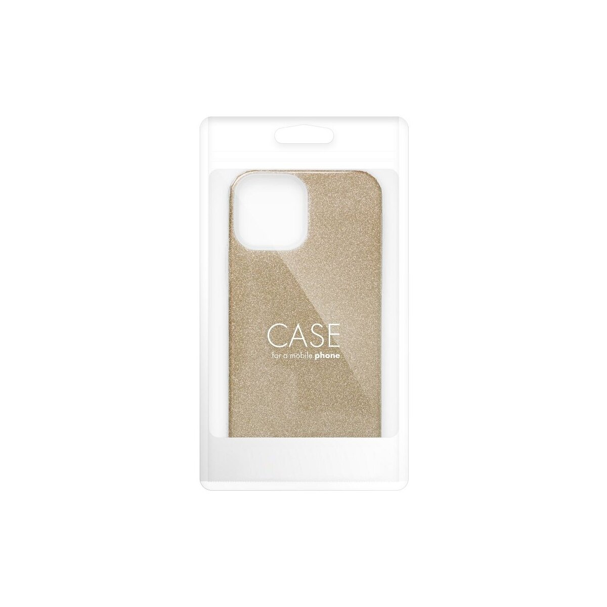 Glitzernde Handyhülle in Gold in transparenter Verpackung.
