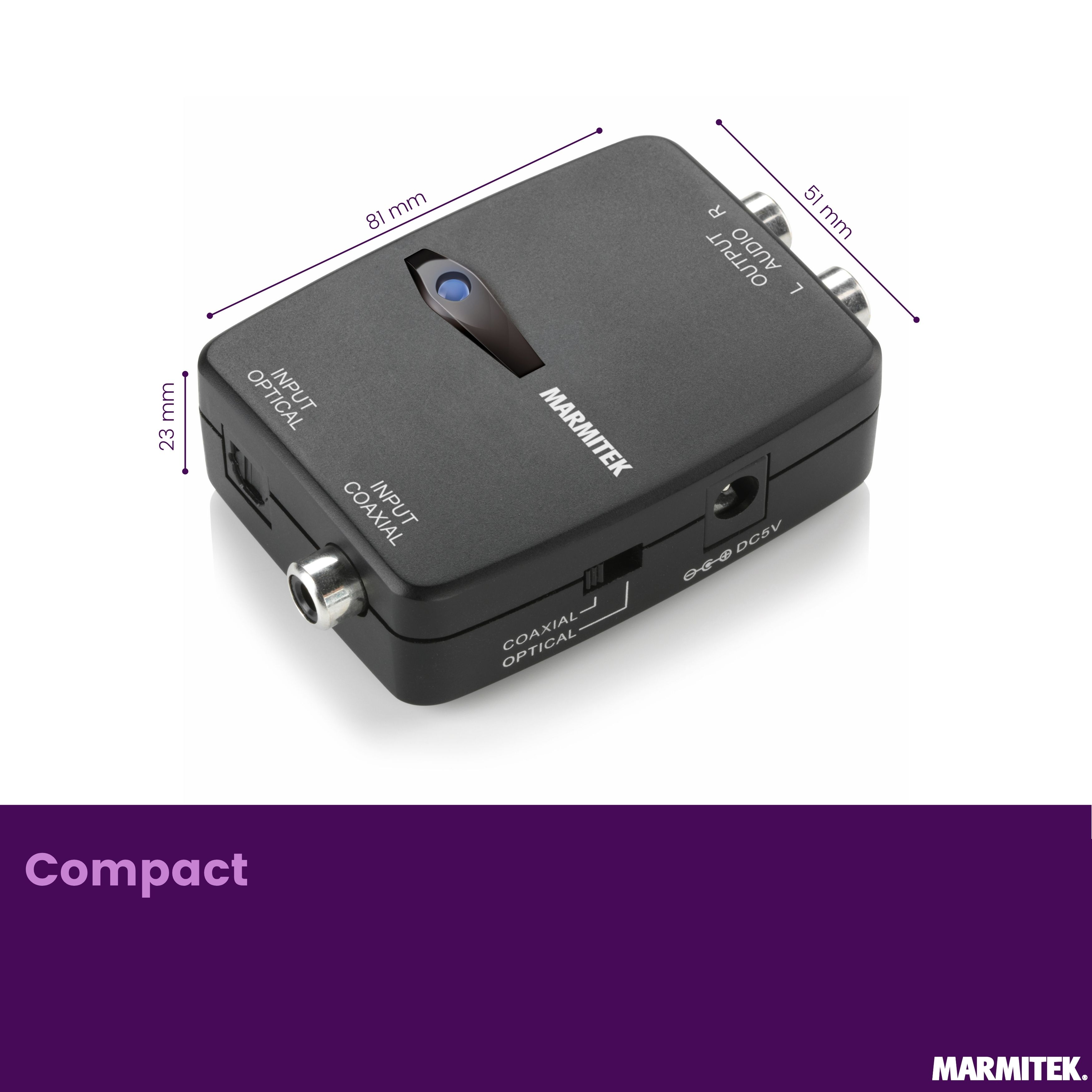 Convertitore audio nero compatto con porte e dimensioni.