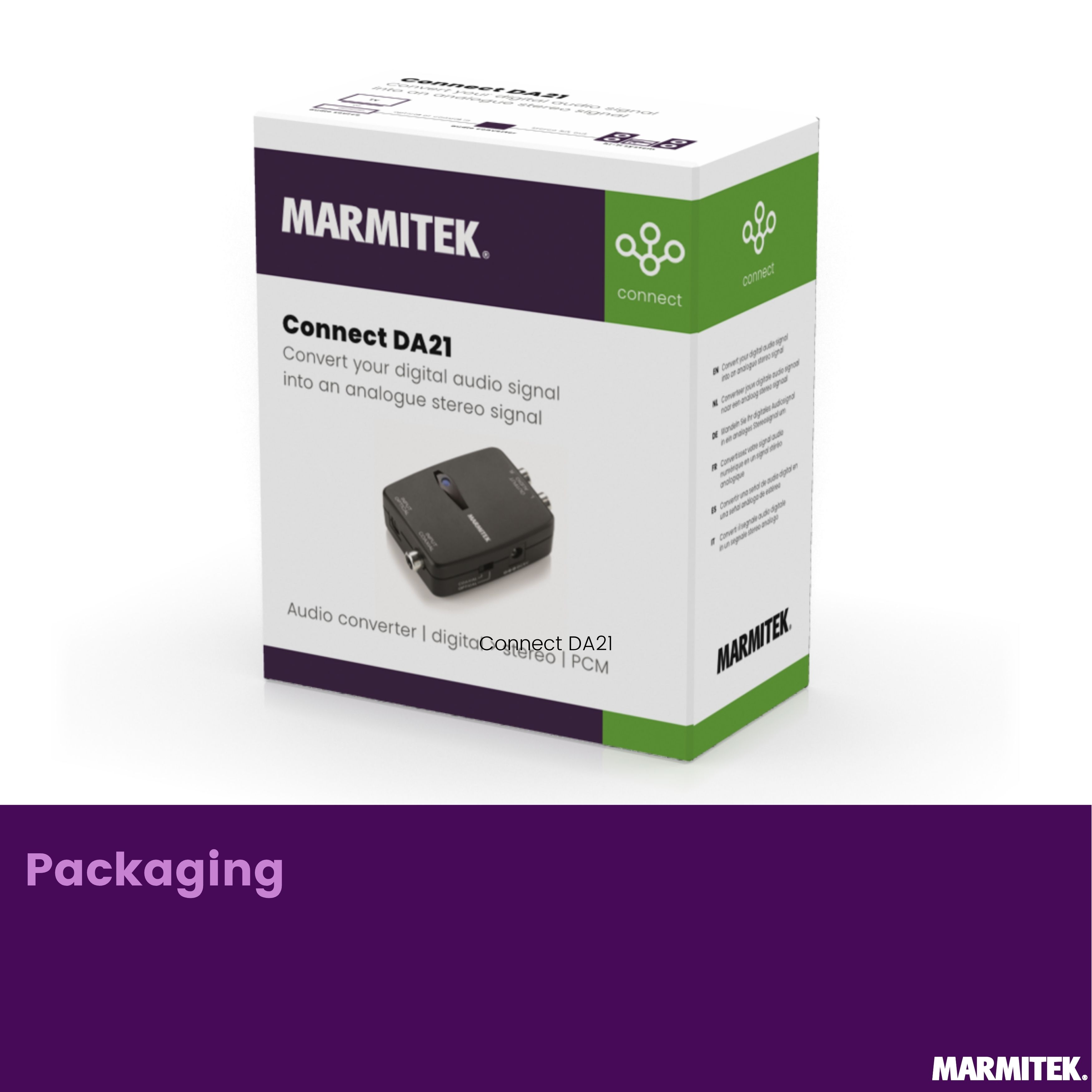 Confezione del convertitore audio Marmitek Connect DA21 con dispositivo.
