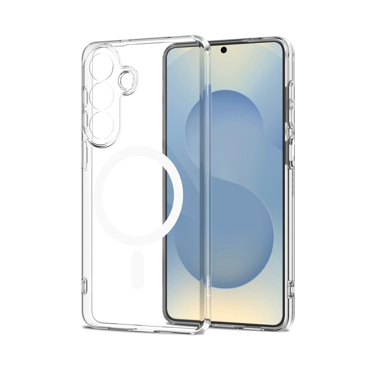 Durchsichtige Handyhülle mit Magnetring und Kameraaussparungen neben einem Smartphone.