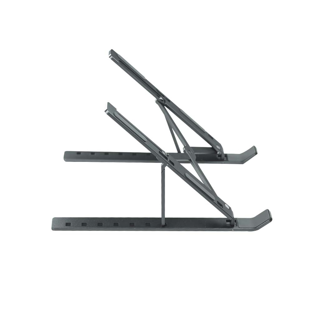 Ein schwarzer, verstellbarer Laptopständer mit zwei Plattformen.