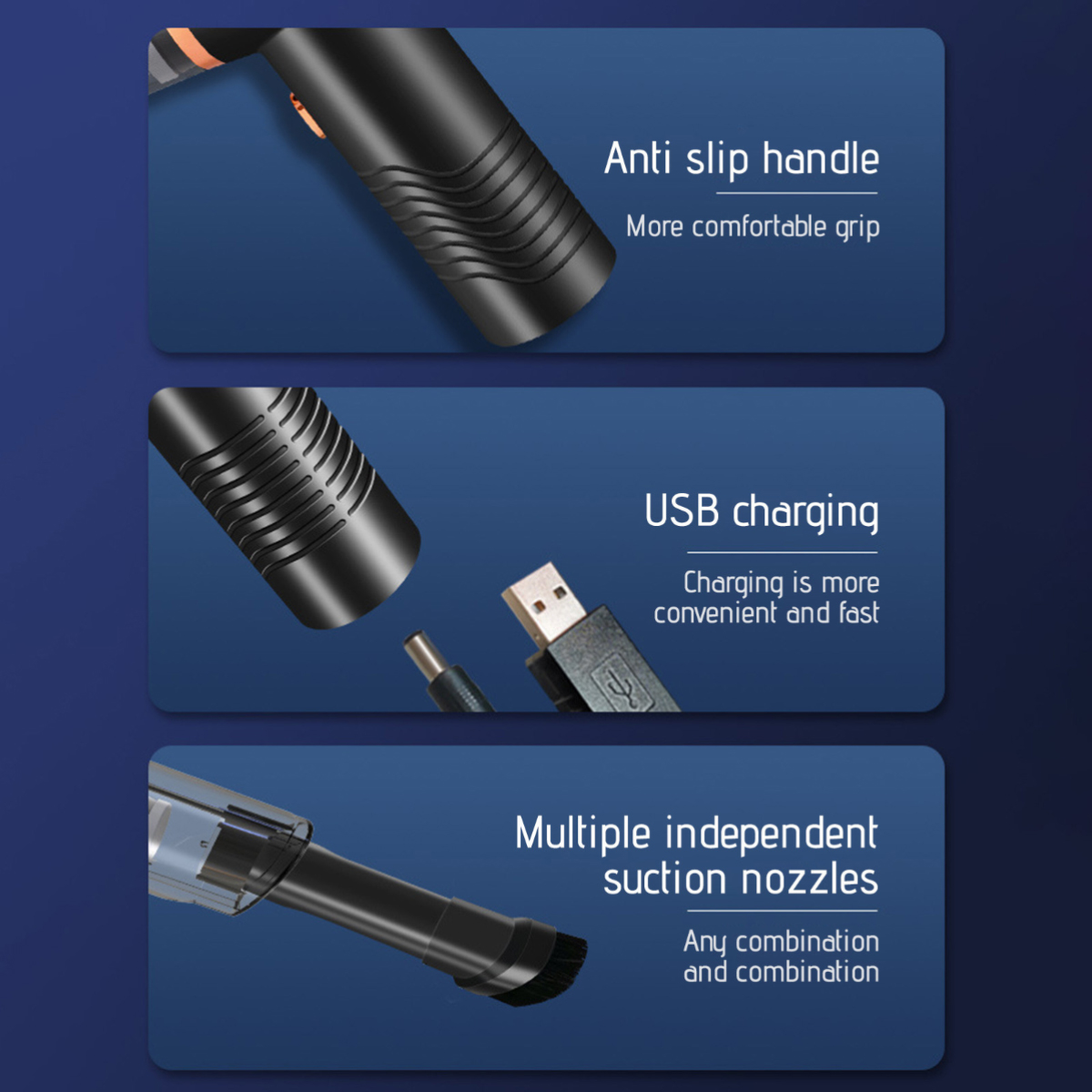 Handstaubsauger-Details: Anti-Rutsch-Griff, USB-Laden, Saugdüsen.