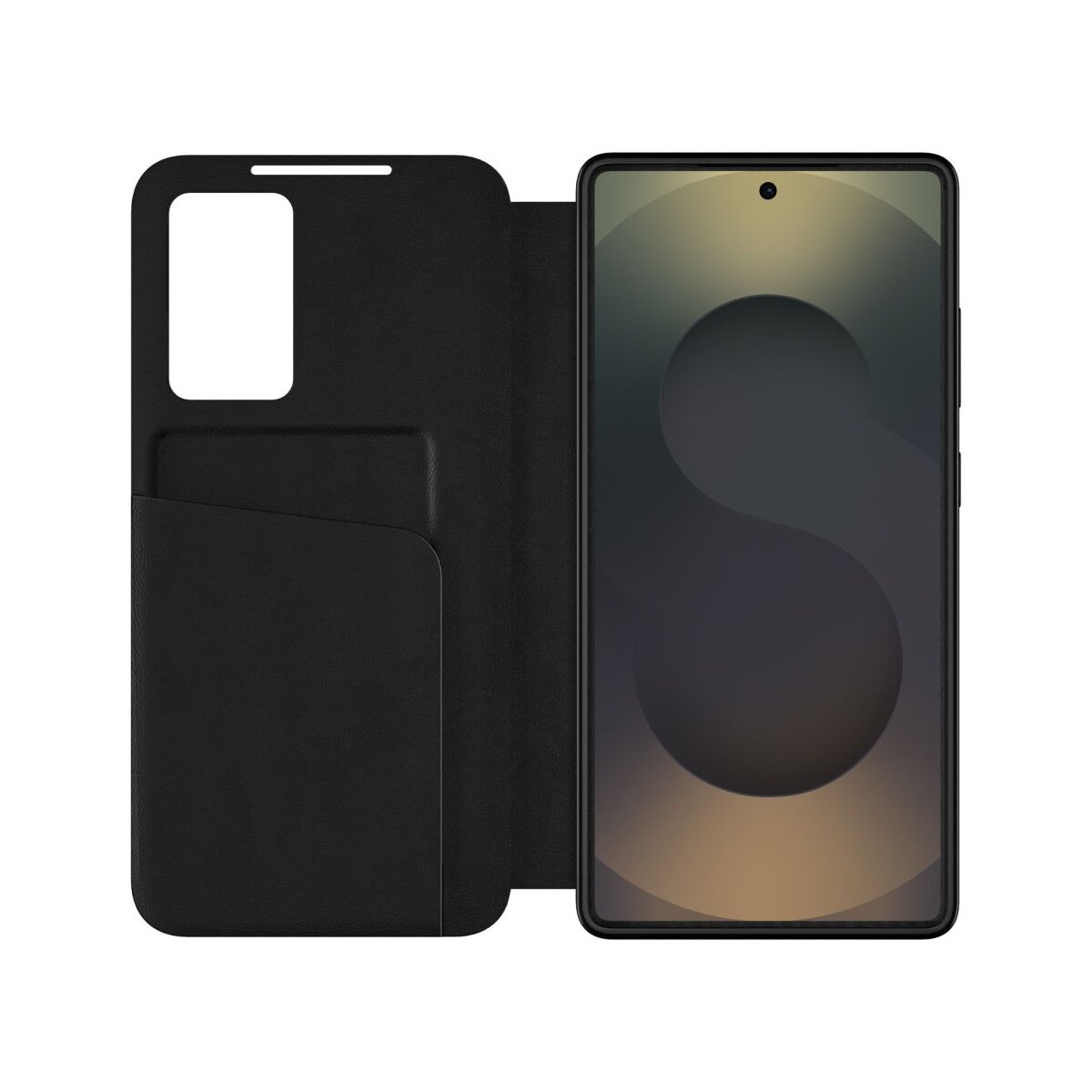 Schwarzes Smartphone mit offenem Klappcover, das Kartenfächer aufweist.
